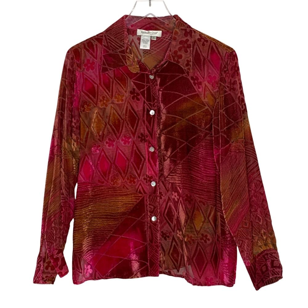 Coldwater Creek Velvet Burnout Blouse M Ruby Red Button Front Geometric